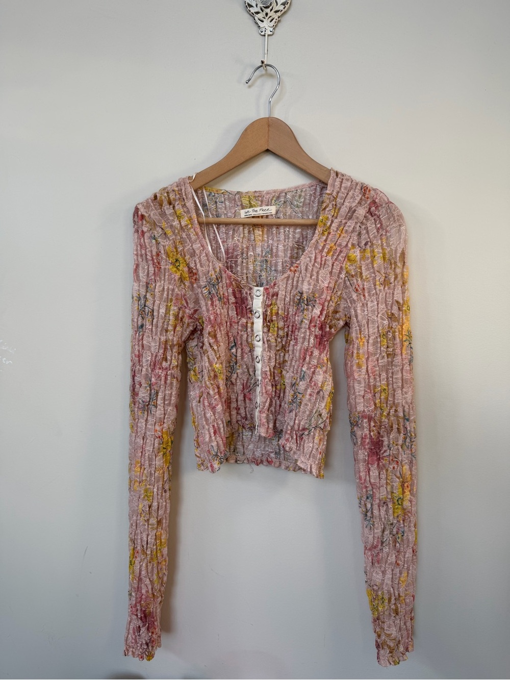 Free People Pink Floral Crinkle Button-Front Top